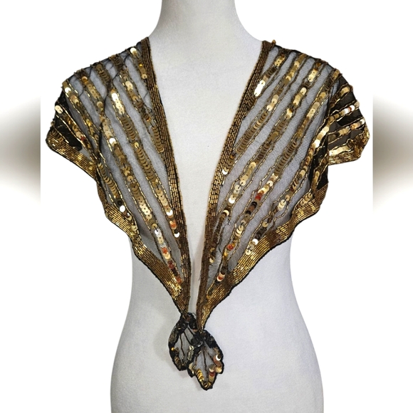 Vintage Accessories - VINTAGE Gold Sequin Beaded  Shoulder Sling Mesh Capelet Tie Front. NWT